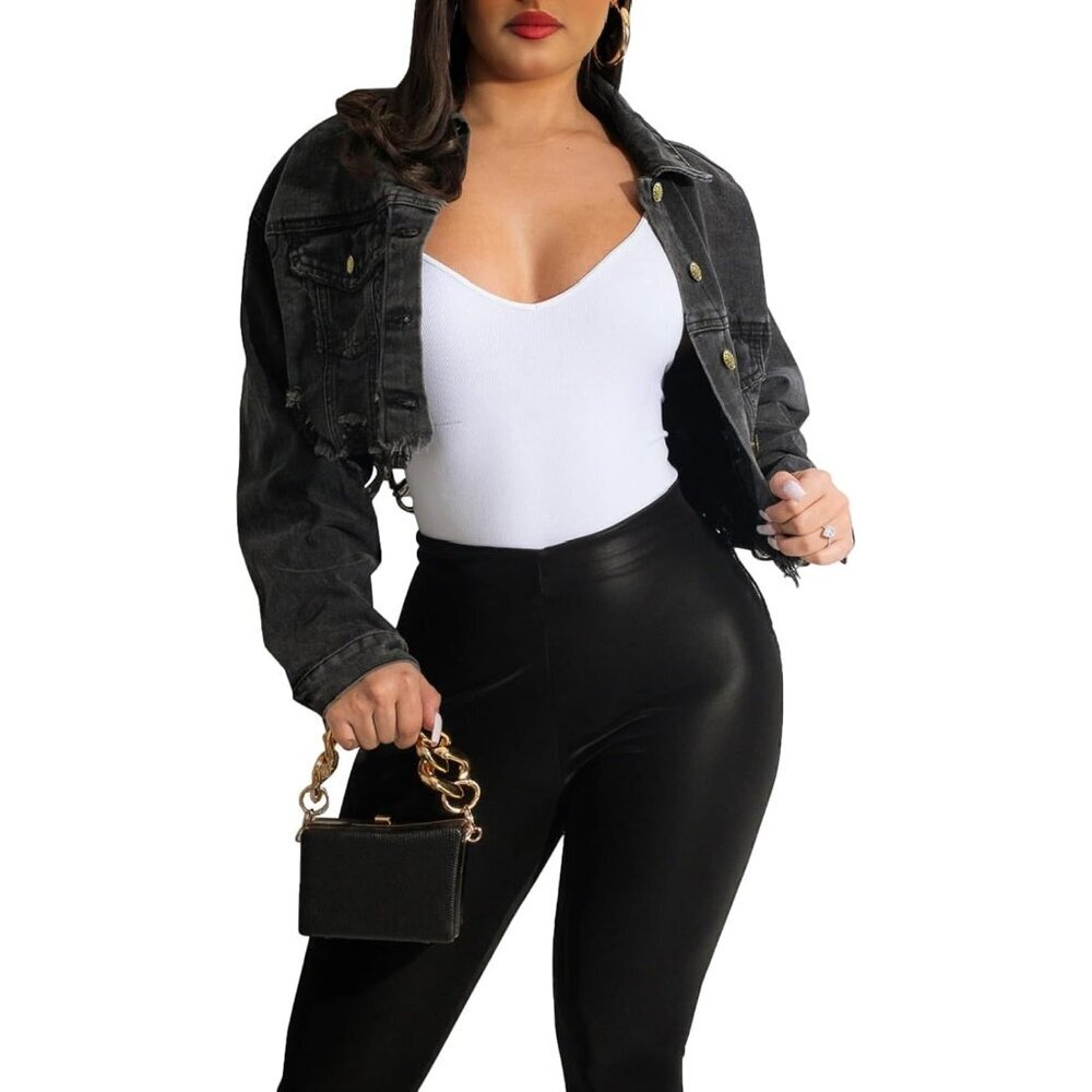 Women's Cropped Denim Jacket Long Sleeve Button Down Spring Autumn